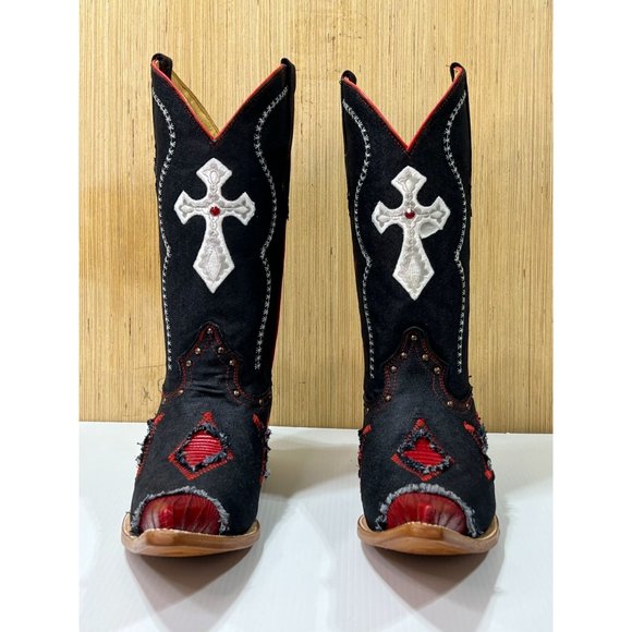 Arles Wester Collection - Men's Denim and Imitation Lizard Skink Boots Red/Blue
